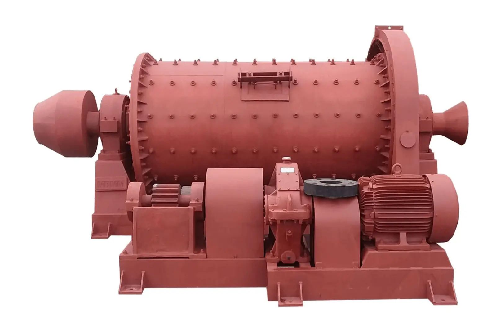 Real industrial ball mill with cylindrical grinding shell and drive assembly