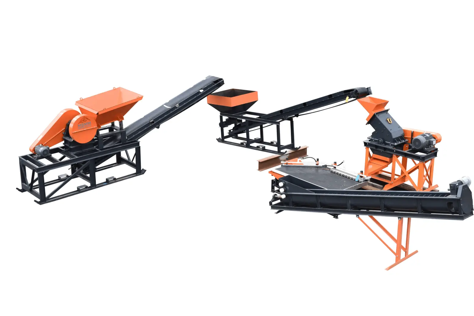 Real compact integrated ore processor with jaw crusher, conveyors, hammer mill and recovery equipment