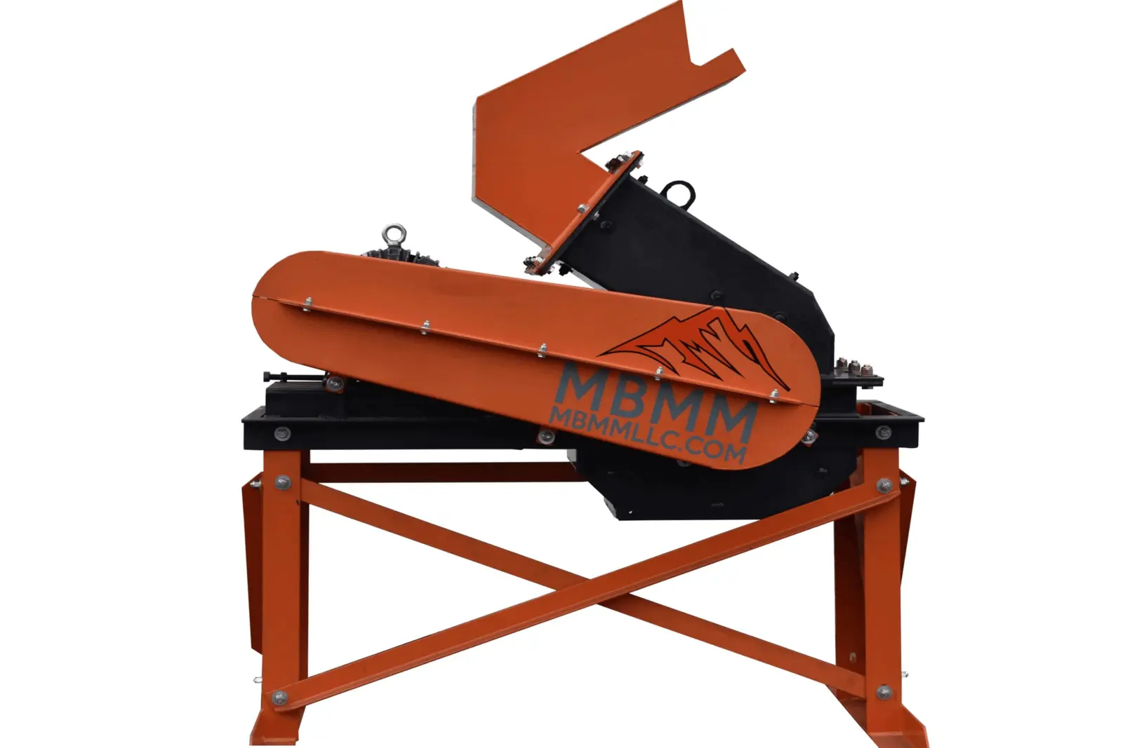 Real skid-mounted industrial hammer mill with inlet chute and guarded belt drive